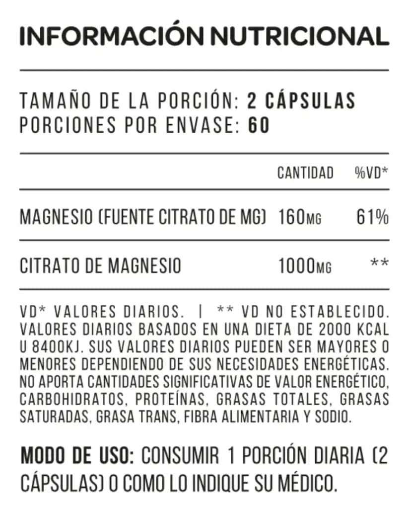 Información nutricional de Citrato de magnesio STAR
