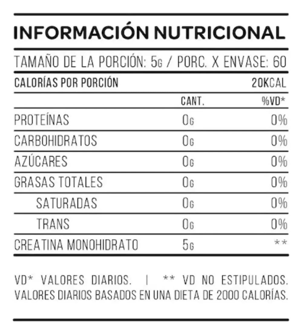 Información nutricional de Creatina STAR 300 g Clásica